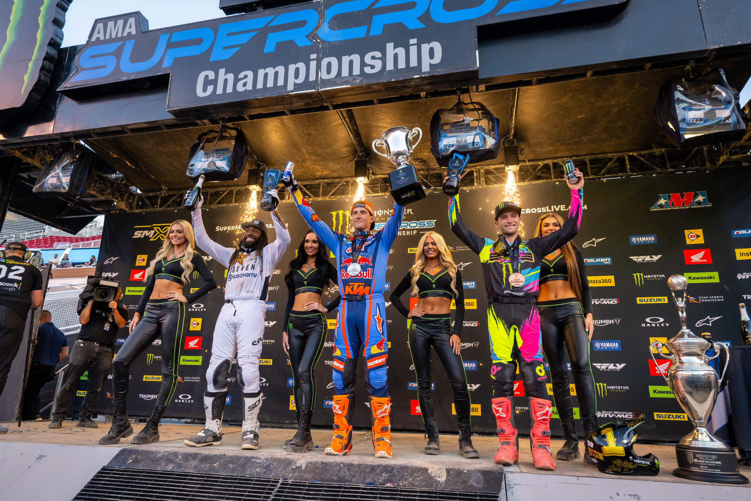 450SX Class podium (riders left to right): Malcolm Stewart, Chase Sexton, and Justin Cooper.