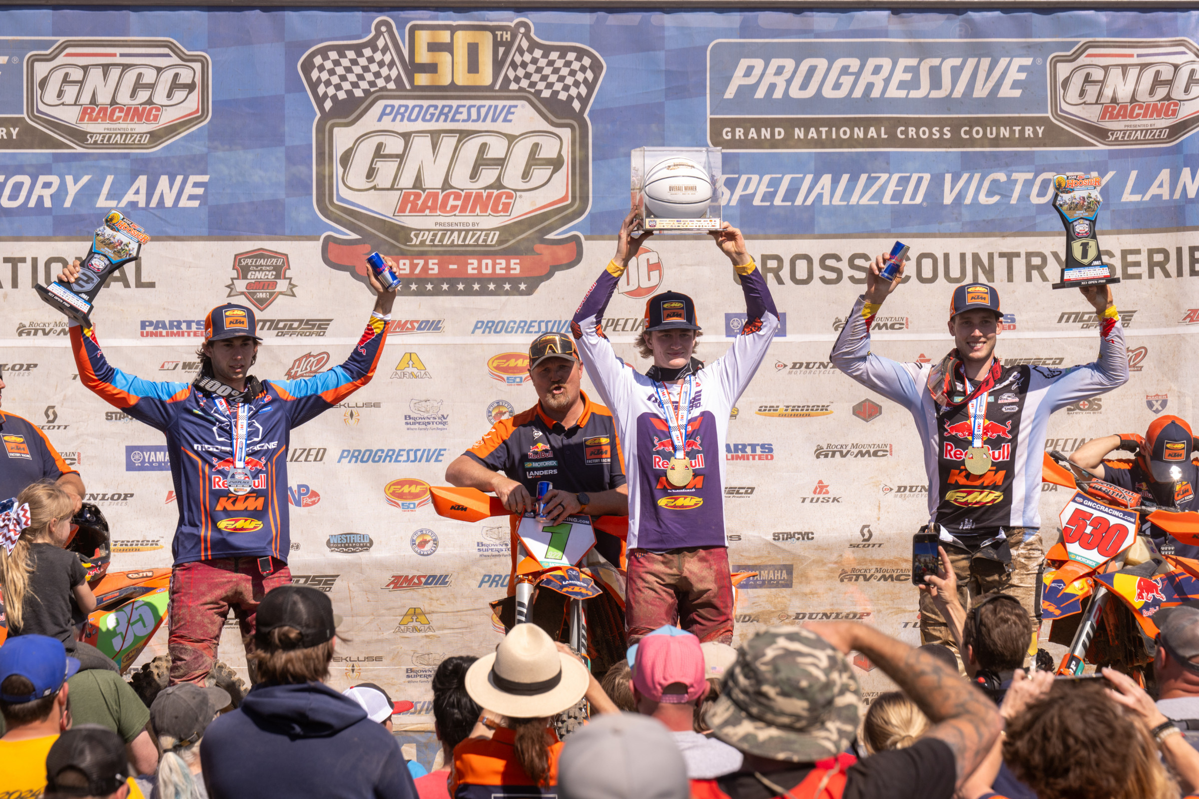 2025 Hoosier GNCC overall podium: (from left to right) Angus Riordan (XC2, KTM), Grant Davis (XC2, KTM), and Ben Kelley (KTM, XC1).